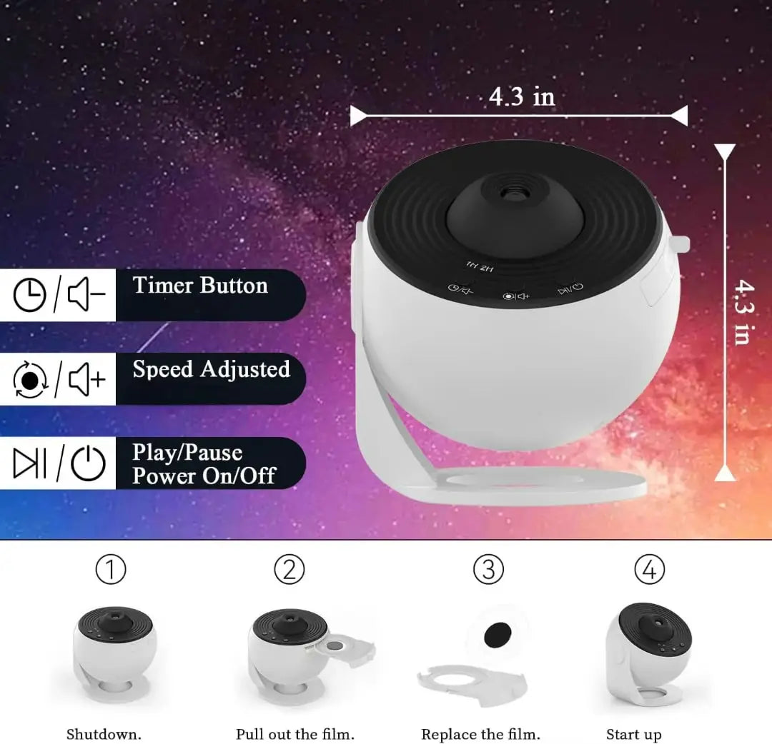 tar projector night light showing simple instructions to start projecting stars and galaxies