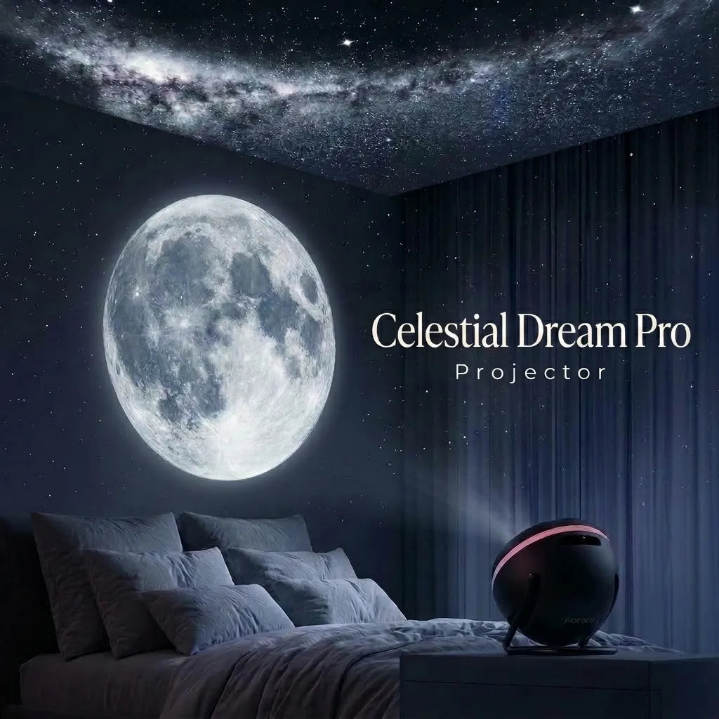 A bedroom scene with a large moon and starry sky wall tapestry above a bed, plus a black projector on the bedside table projecting light across the room. White text on the image reads 'Celestial Dream Pro Projector'.