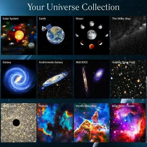 Collection of space-themed images including solar system, Earth, moon, Milky Way, galaxies, nebulae, and more under 'Your Universe Collection'.