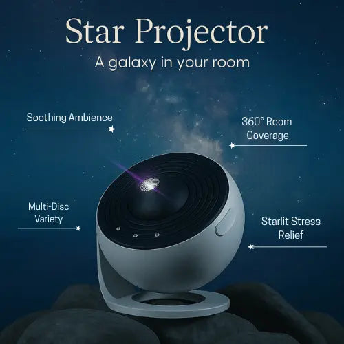 Star projector night light with 4 main features displayed on image for kids and adults
