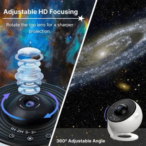 Adjustable focus star projector night light displaying stars and nebulae in bedroom